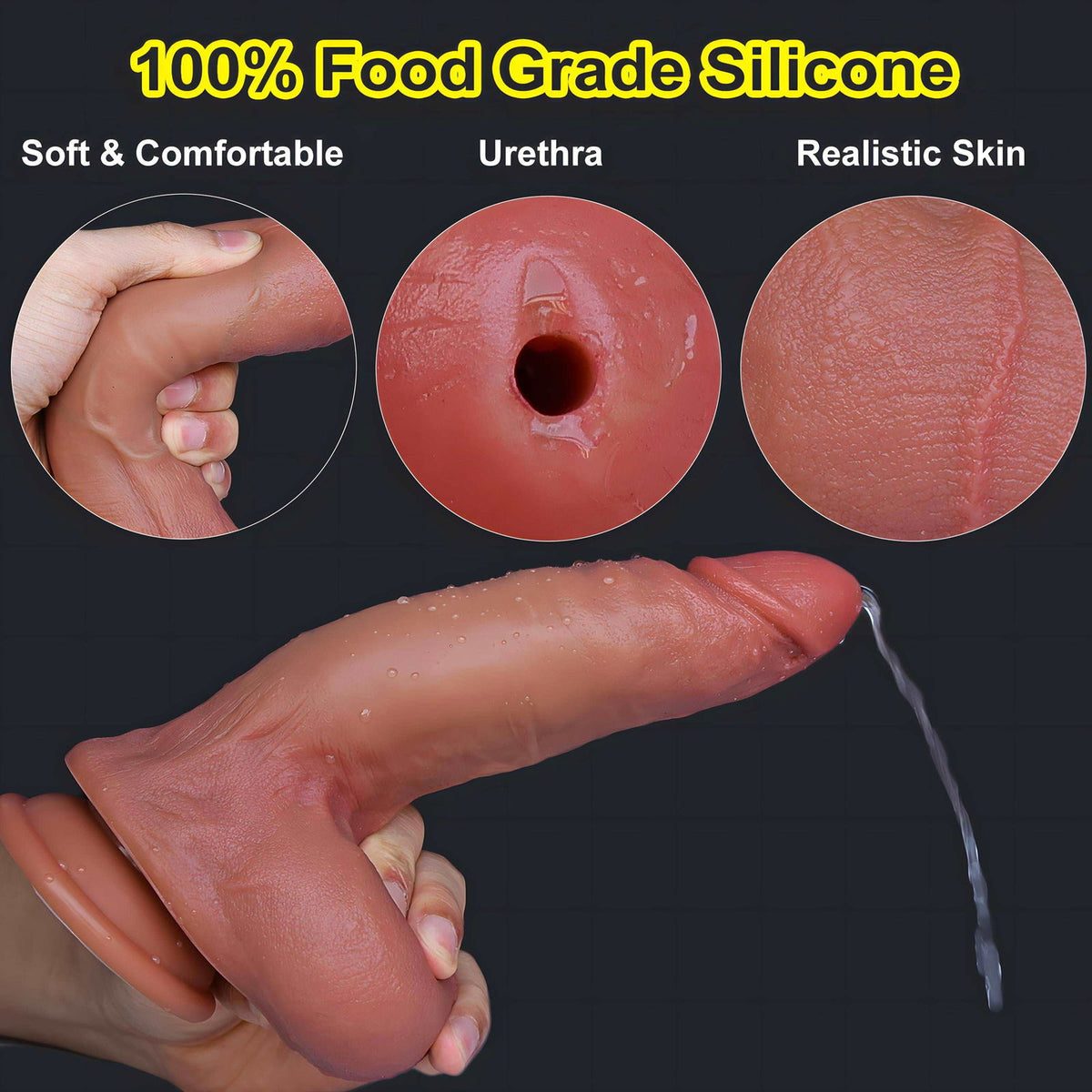 Cannon dildo details: soft silicone, urethra-style outlet and realistic skin texture, spraying liquid
