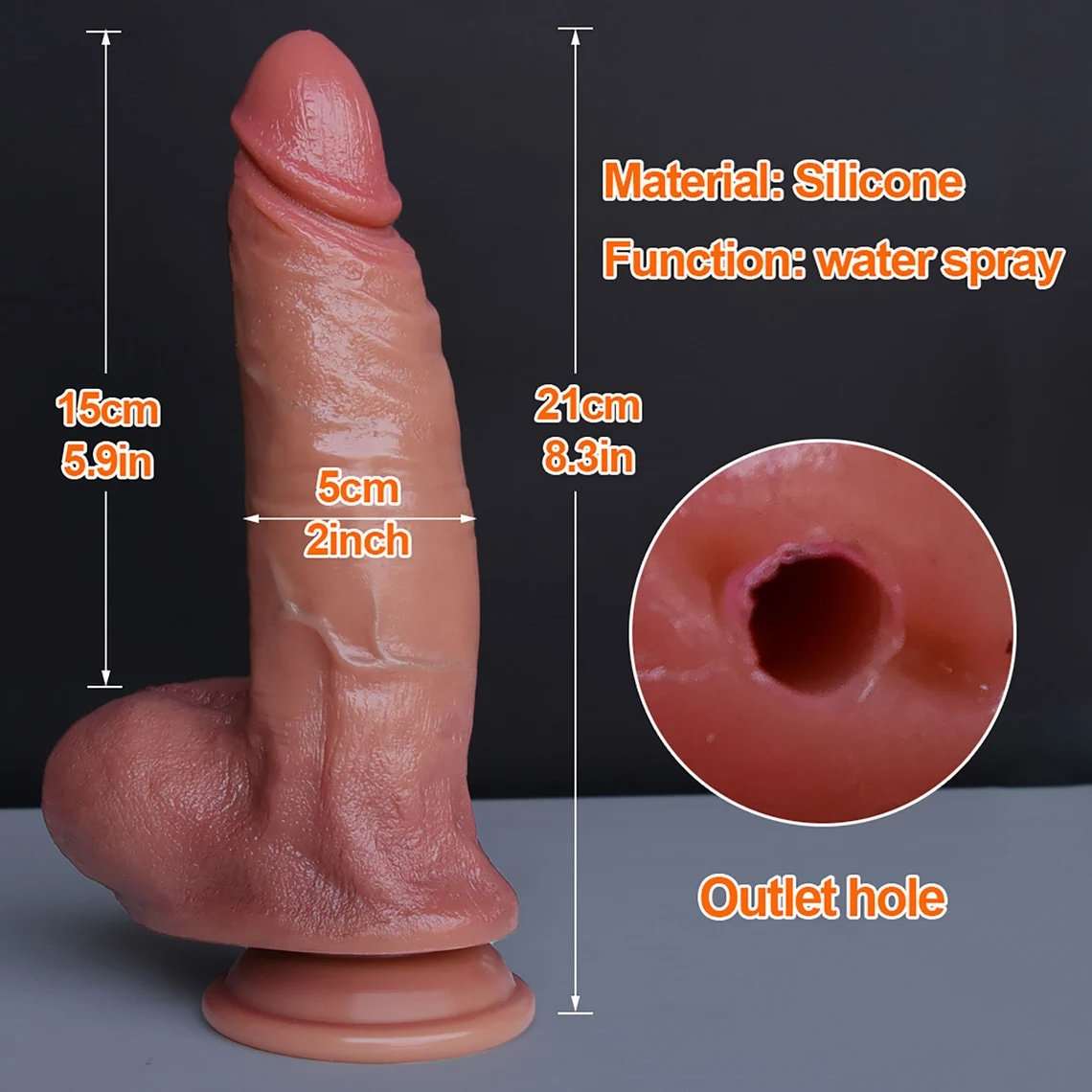 Cannon spraying dildo dimensions: 21 cm total length, 15 cm insertable, 5 cm wide, with a close-up of the outlet hole