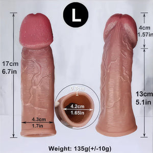 Classic penis sleeve size L measurements: 17 cm total length, 13 cm insertable length, 4.3 cm shaft width, 4.2 cm inner diameter, 4 cm solid glans