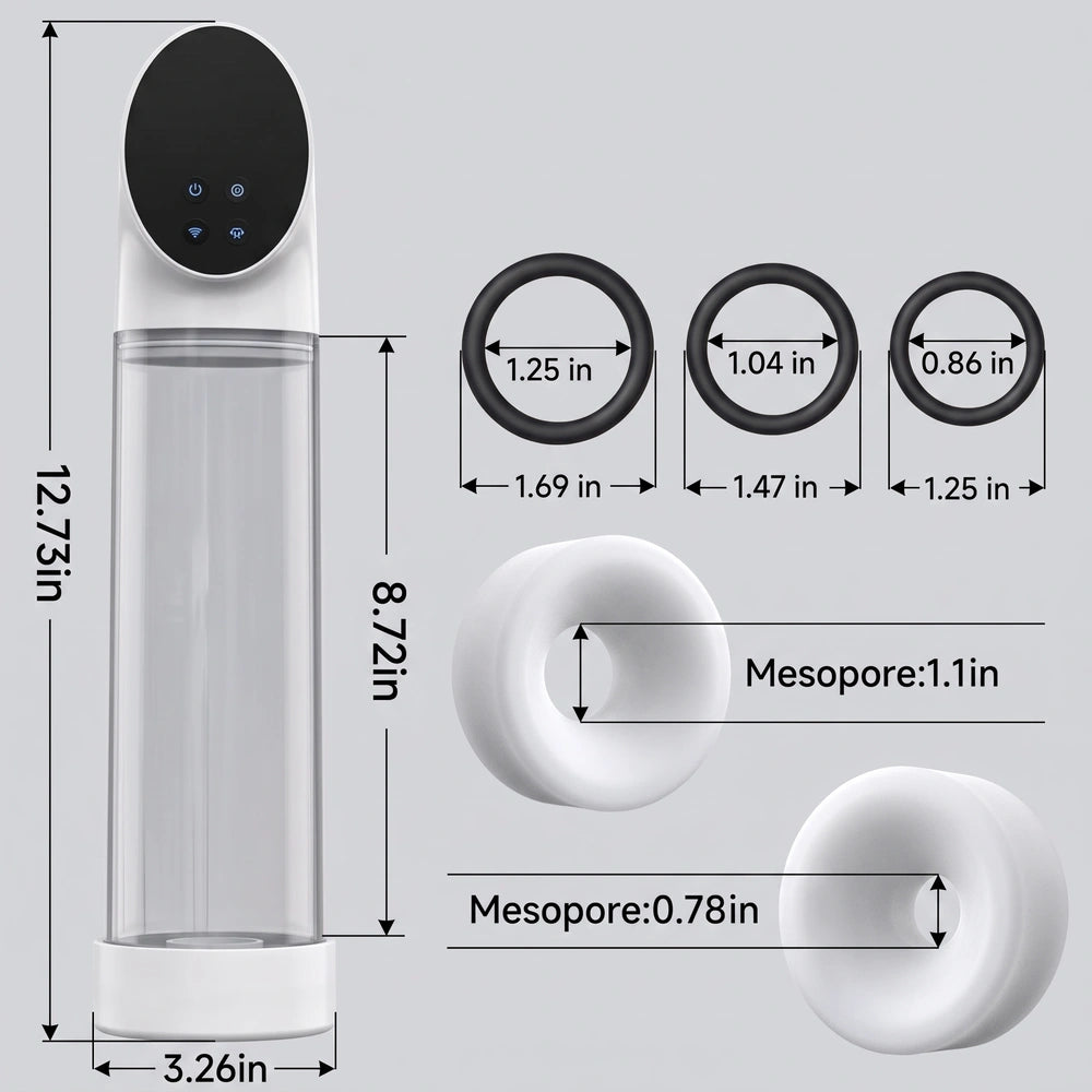 Detailed size measurements and dimensions for the vacuum pump cylinder, concave sleeves, and silicone tension rings