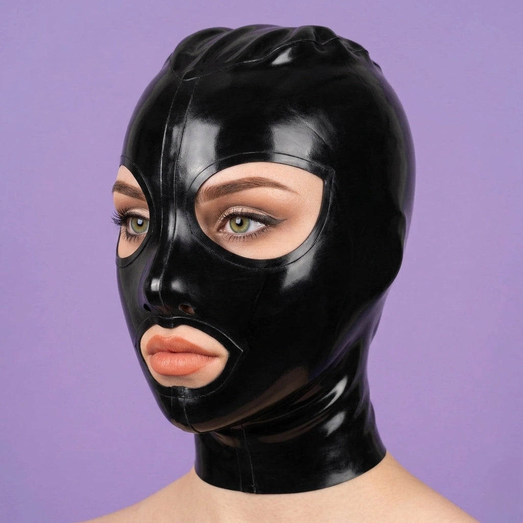 Black latex mask with a polished finish displayed on a girl with green eyes, slightly turned right for a detailed angled view.