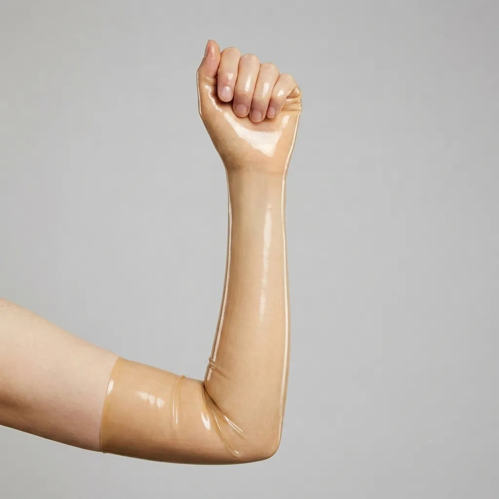 an arm showing opera latex glove in transparent coloration