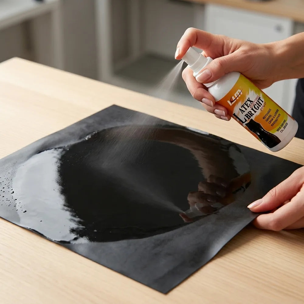 Demonstration of how to apply the spray to a piece of latex