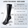 Size guide for latex toe socks, XS to XL: foot length, sole width, ankle width, calf width and 40 cm sock length
