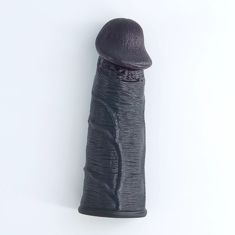 Mega Veins Black realistic silicone penis sleeve, full view.