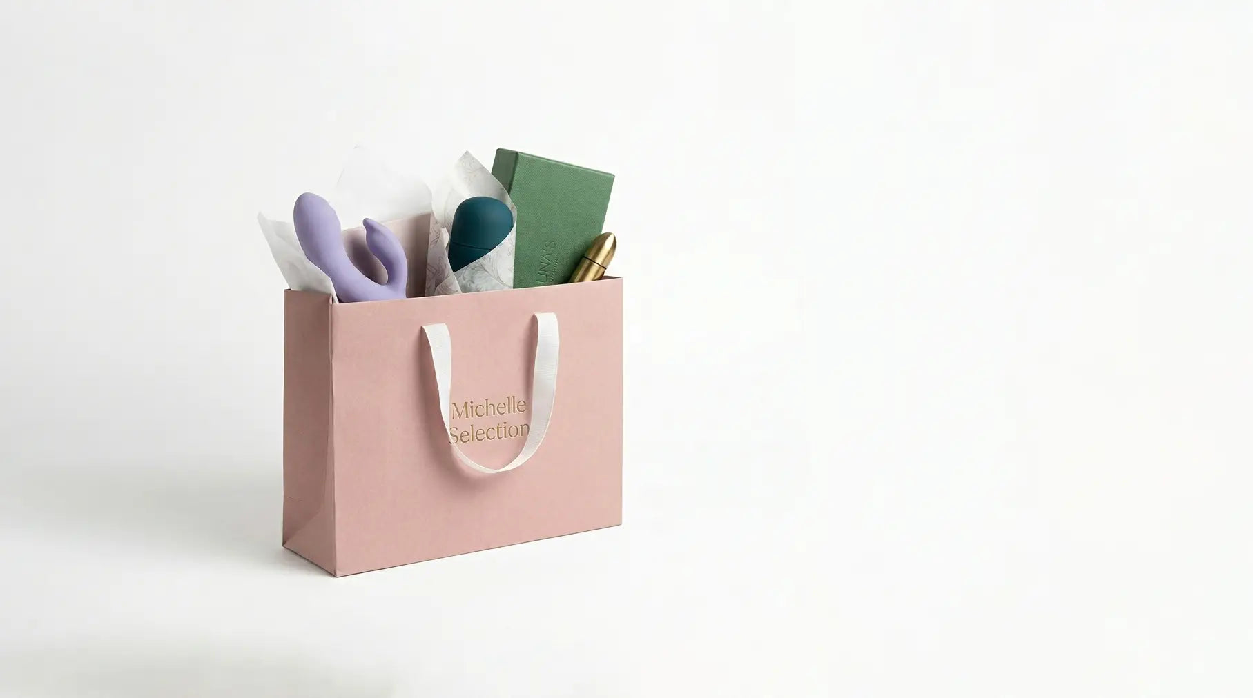 A pink shopping bag with the text 'Michelle Selection' on a white background, filled with elegant wellness and lifestyle products wrapped in tissue paper for a homepage banner.