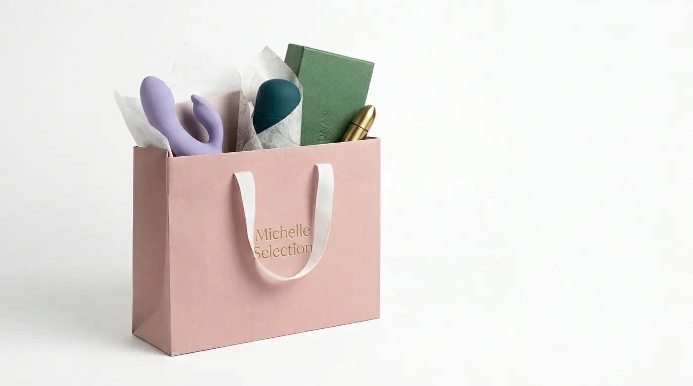 A pink shopping bag with the text 'Michelle Selection' on a white background, filled with elegant wellness and lifestyle products wrapped in tissue paper for a homepage banner.