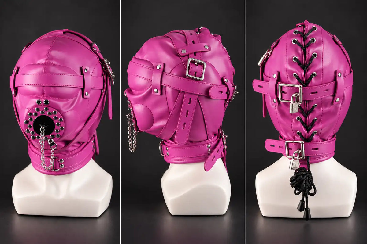 Collage of a pink leather bondage hood with black corset-style lacing, adjustable straps, silver buckles and padlocks, displayed on a white mannequin