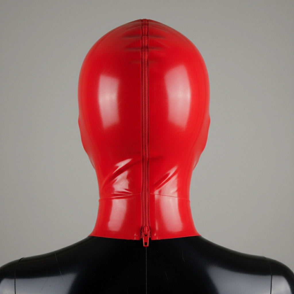 Rear view of the red latex mask showing the long, integrated red zipper closure running from the top of the head to the neck for easy donning.