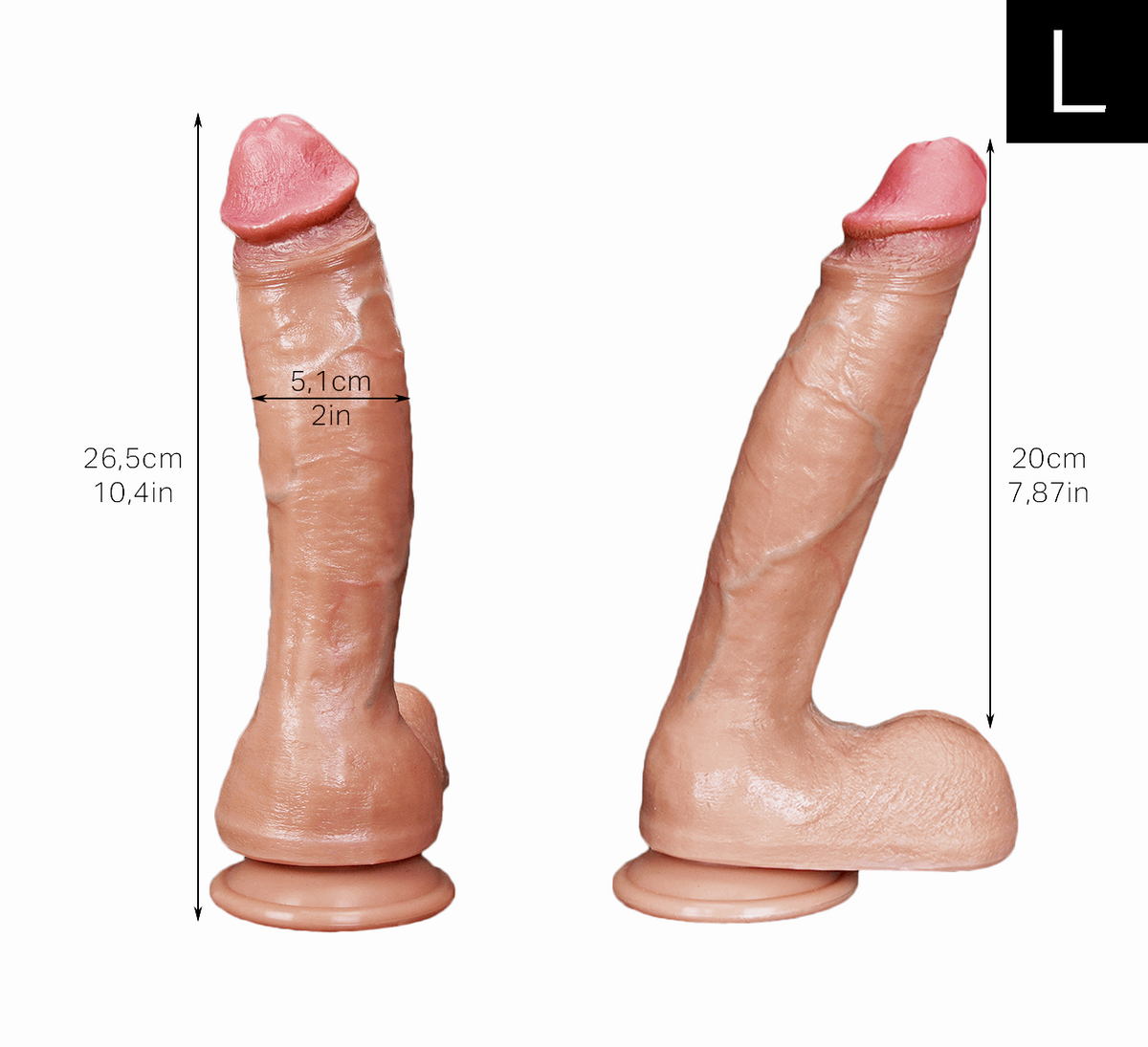 Sculpture White dildo size L diagram: 26.5 cm total length, 20 cm insertable length, 5.1 cm diameter