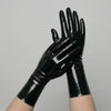 Black short latex gloves, glossy seamless dipped latex, worn on both hands