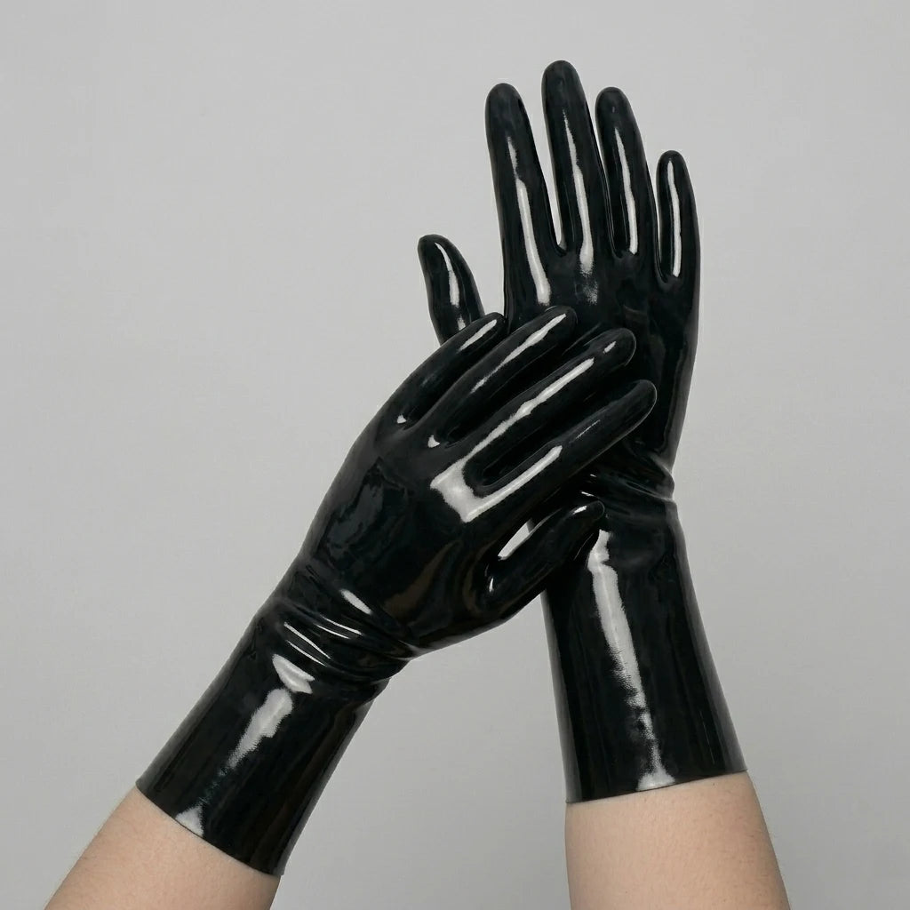 Black short latex gloves, glossy seamless dipped latex, worn on both hands