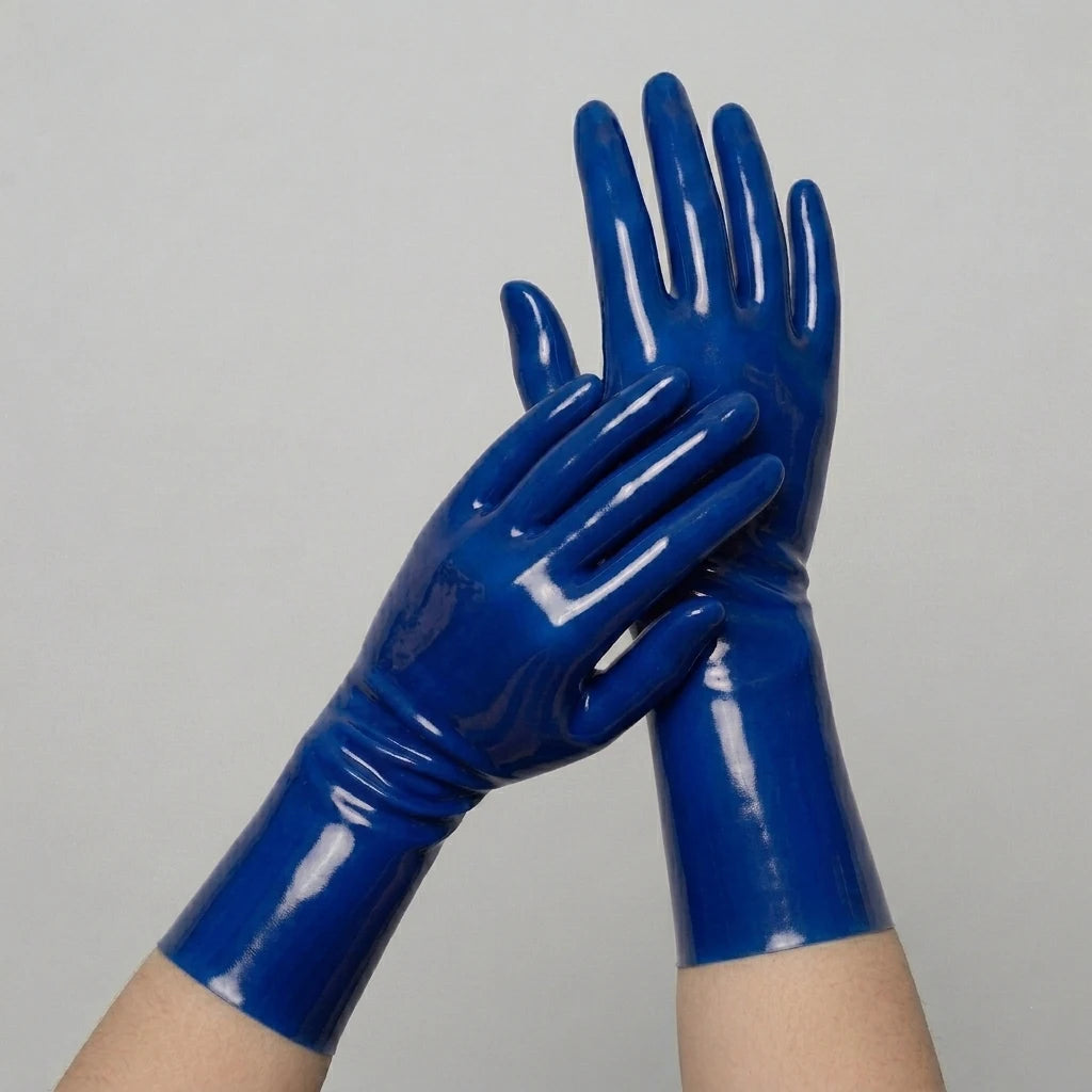 Blue short latex gloves, glossy seamless dipped latex, worn on both hands
