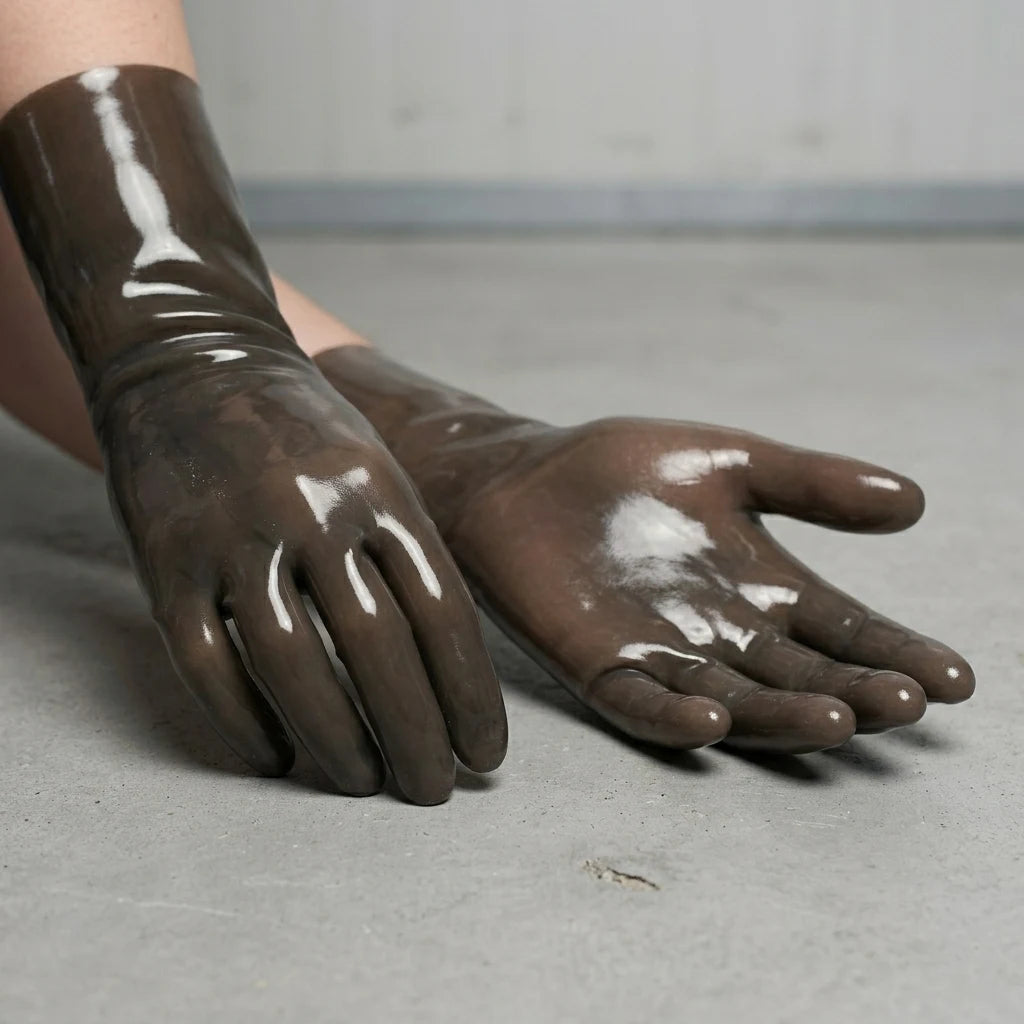 Brown translucent short latex gloves resting on a concrete floor, glossy seamless dipped latex