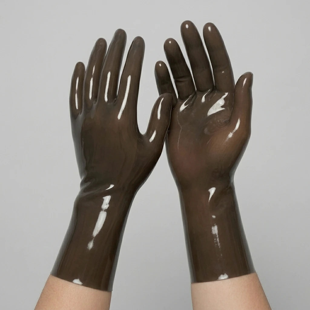 Brown translucent short latex gloves, glossy seamless dipped latex, worn on both hands