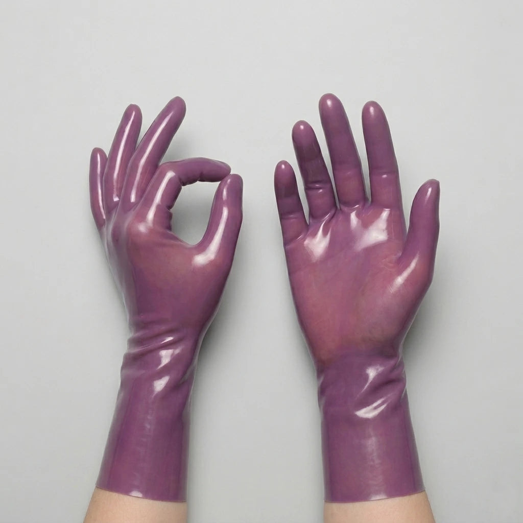 Purple short latex gloves, glossy seamless dipped latex, hands forming an OK sign