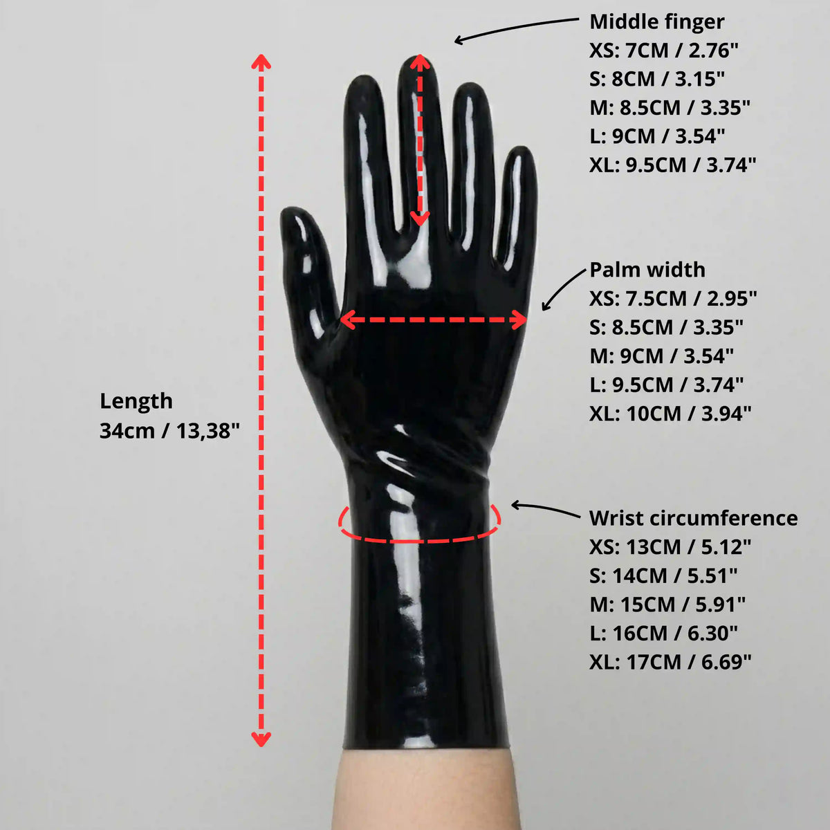 Size chart for short latex gloves, XS to XL: middle finger, palm width, wrist circumference and 34 cm length