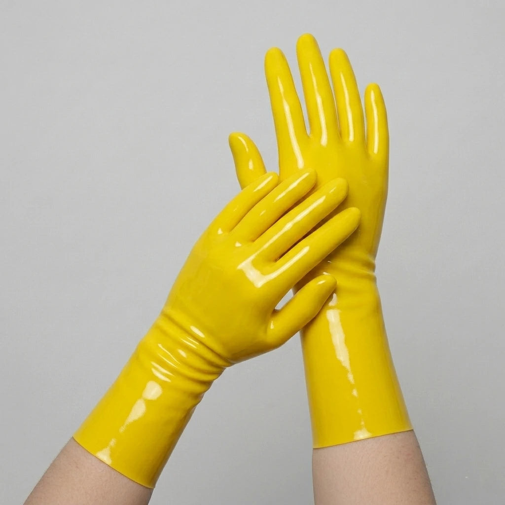 Yellow short latex gloves, glossy seamless dipped latex, worn on both hands