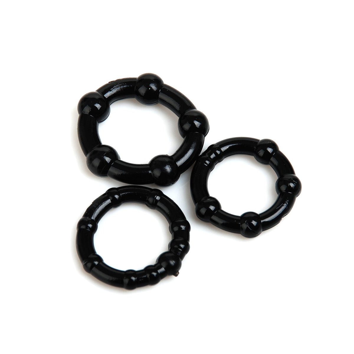 Set of three black beaded silicone cock rings in different sizes