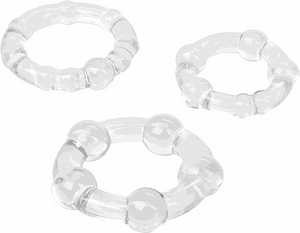 Set of three transparent beaded silicone cock rings in different sizes