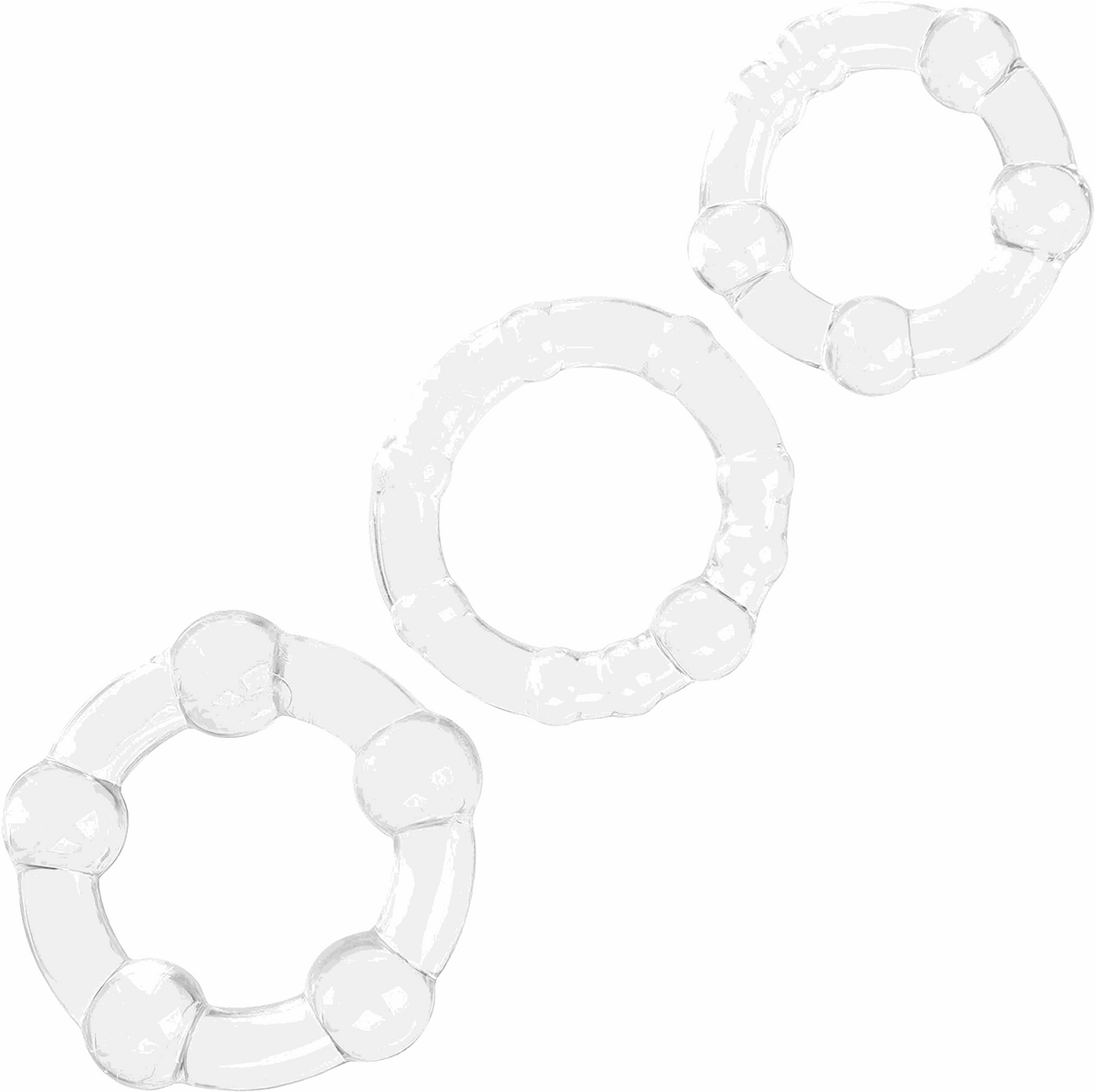 Three transparent silicone cock rings of different sizes, top view