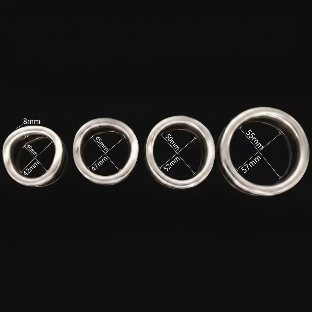 Stainless Steel Contoured Cock Ring size guide showing four internal diameter options from 40–42 mm to 55–57 mm