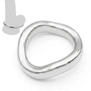 Stainless Steel Contoured Cock Ring on a white background with a small wearing guide illustration
