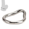 Stainless steel curved cock ring with an illustration of how it is worn